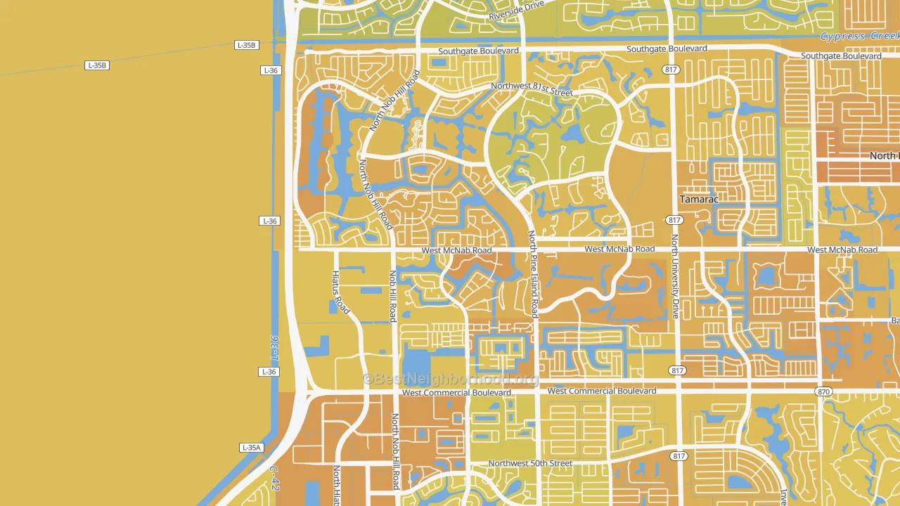 Map of the best neighborhoods in the Westwood Community-North, Tamarac area, with better matches in green and worse matches in red