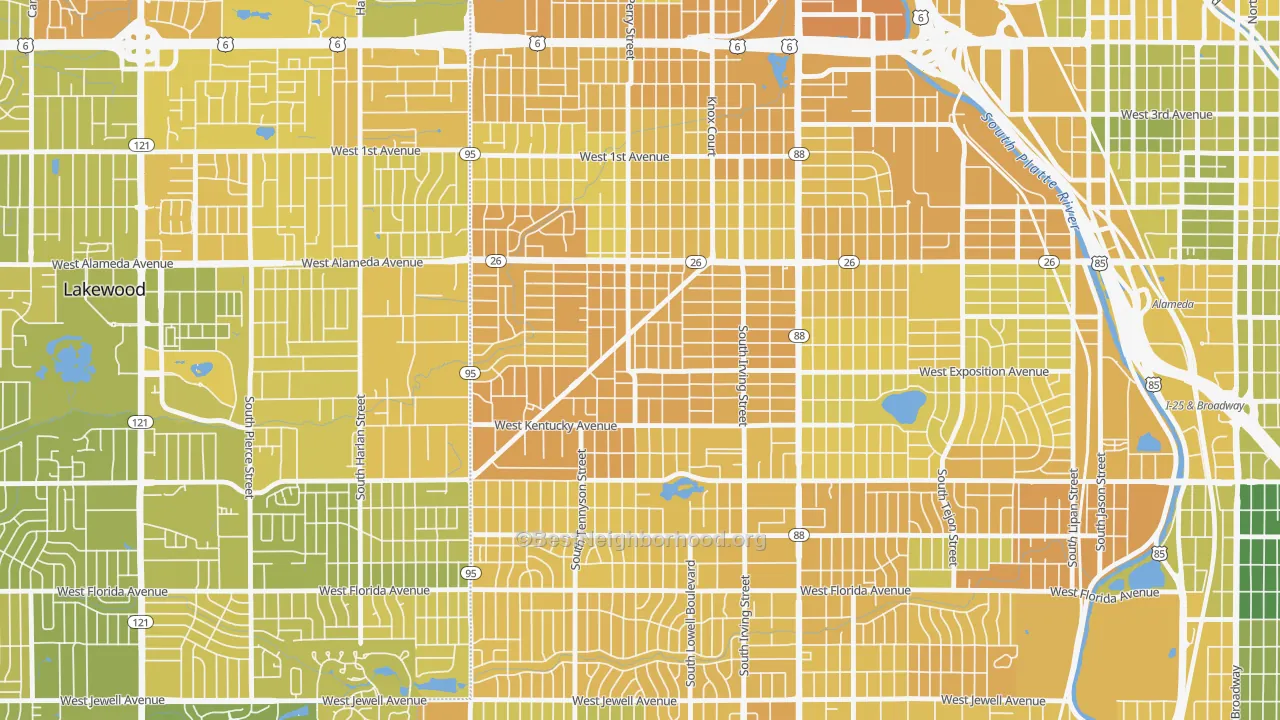 Map of the best neighborhoods in the Westwood, Denver area, with better matches in green and worse matches in red