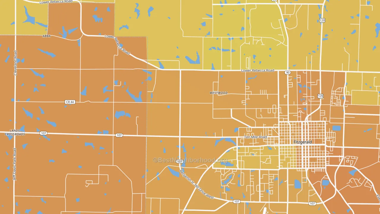 Map of the best neighborhoods in the Westwood area, with better matches in green and worse matches in red