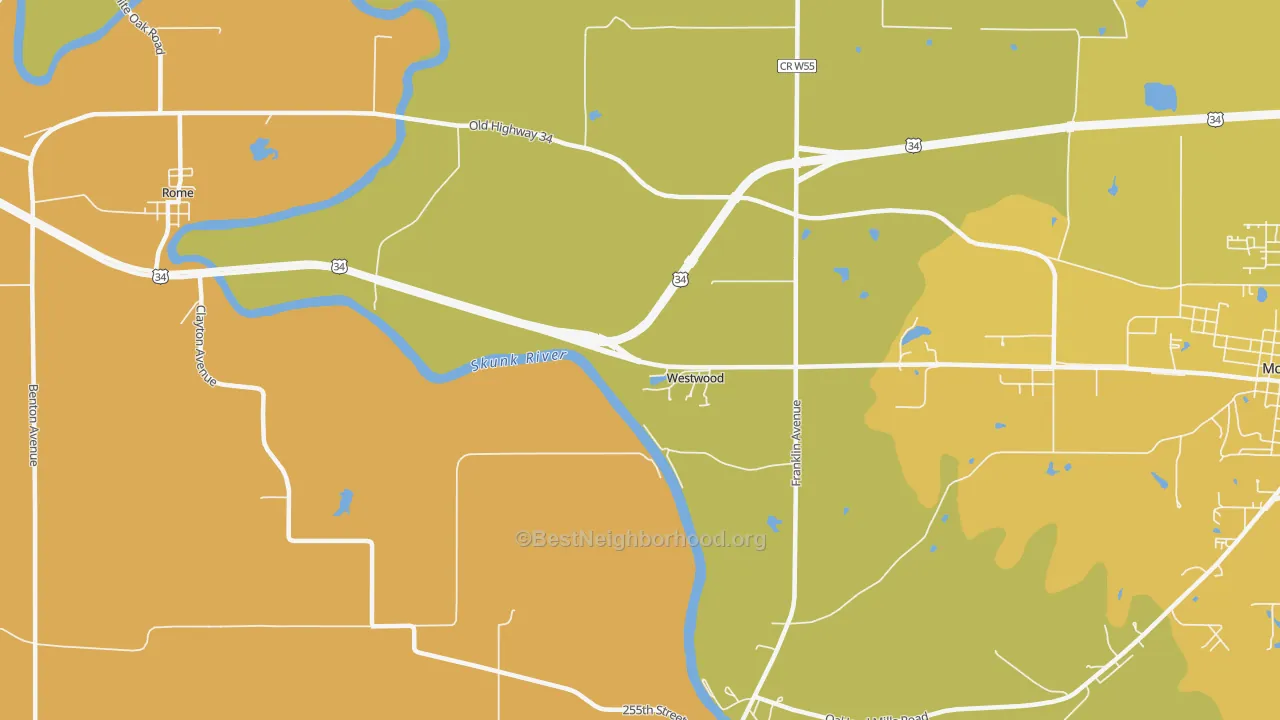 Map of the best neighborhoods in the Westwood area, with better matches in green and worse matches in red