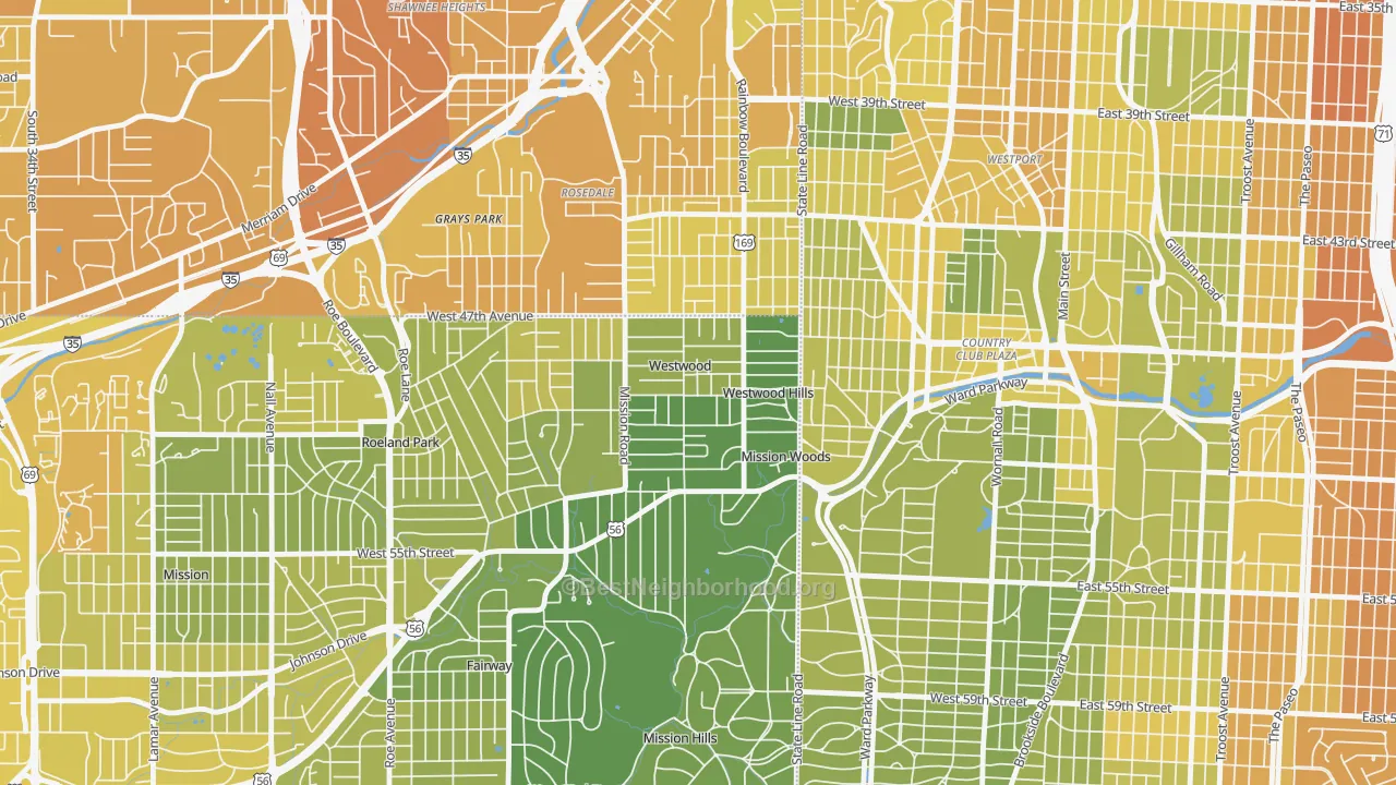 Map of the best neighborhoods in the Westwood area, with better matches in green and worse matches in red