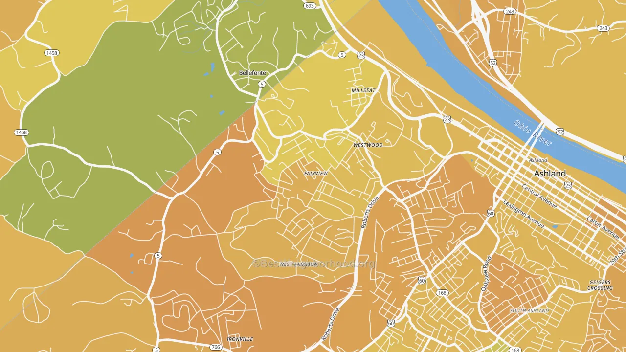 Map of the best neighborhoods in the Westwood area, with better matches in green and worse matches in red