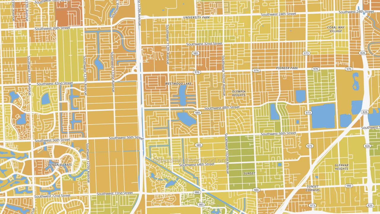 Map of the best neighborhoods in the Westwood Lakes area, with better matches in green and worse matches in red