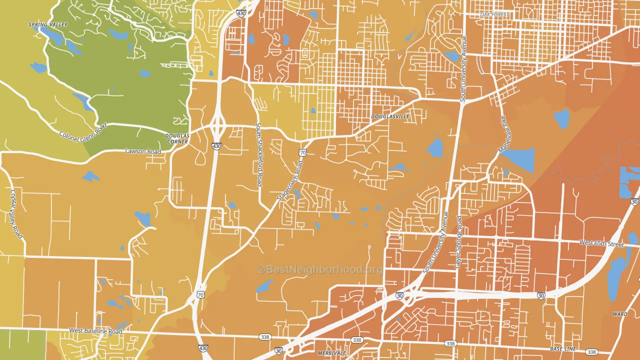 Map of the best neighborhoods in the Westwood, Little Rock area, with better matches in green and worse matches in red