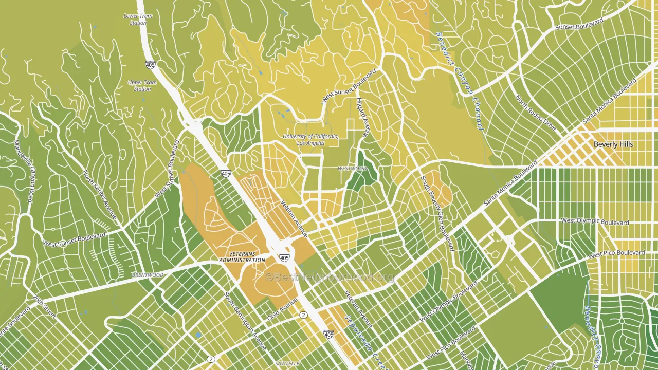Map of the best neighborhoods in the Westwood, Los Angeles area, with better matches in green and worse matches in red