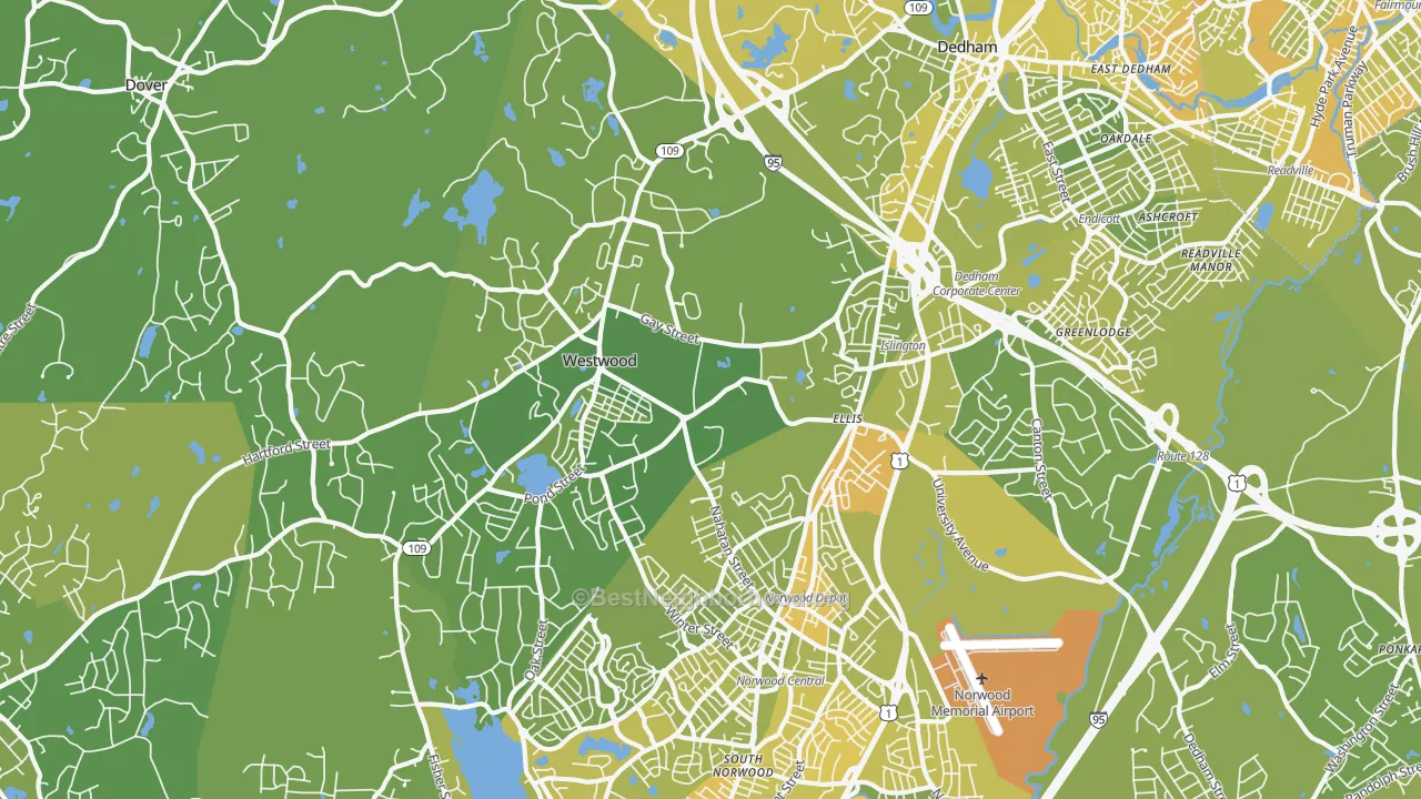 Map of the best neighborhoods in the Westwood area, with better matches in green and worse matches in red