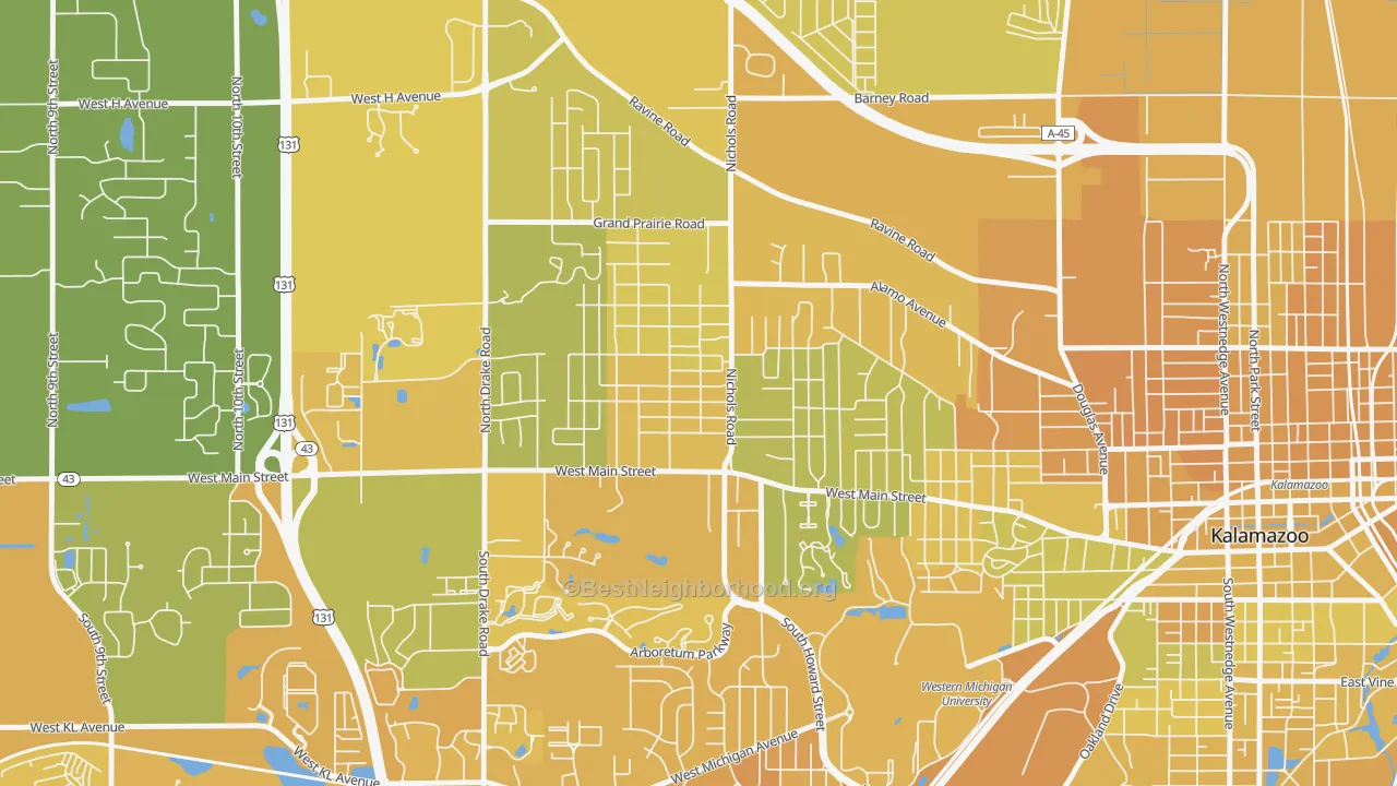 Map of the best neighborhoods in the Westwood area, with better matches in green and worse matches in red