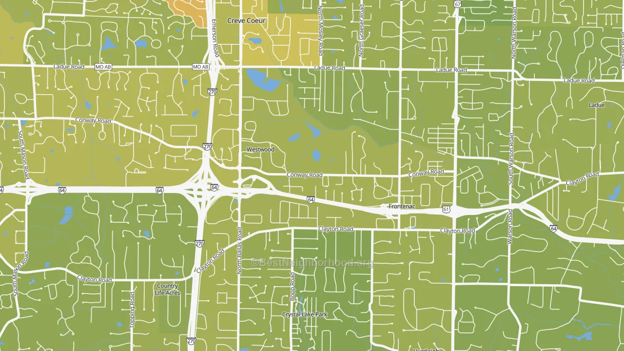 Map of the best neighborhoods in the Westwood area, with better matches in green and worse matches in red