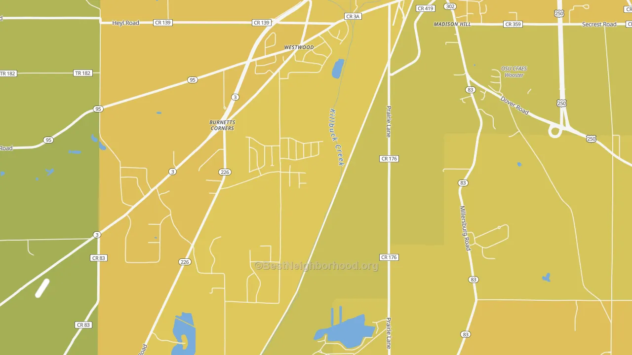 Map of the best neighborhoods in the Westwood area, with better matches in green and worse matches in red