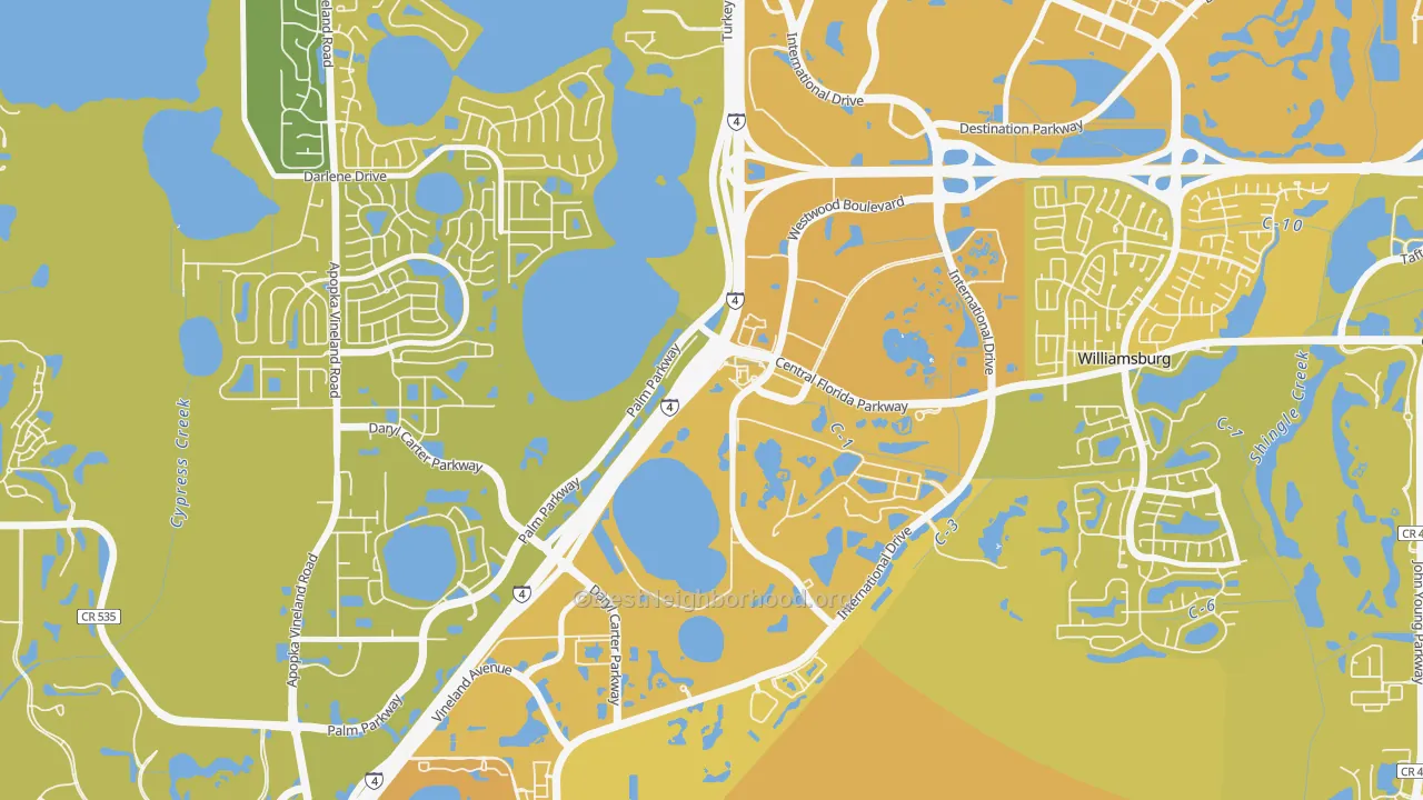 Map of the best neighborhoods in the Westwood, Orlando area, with better matches in green and worse matches in red
