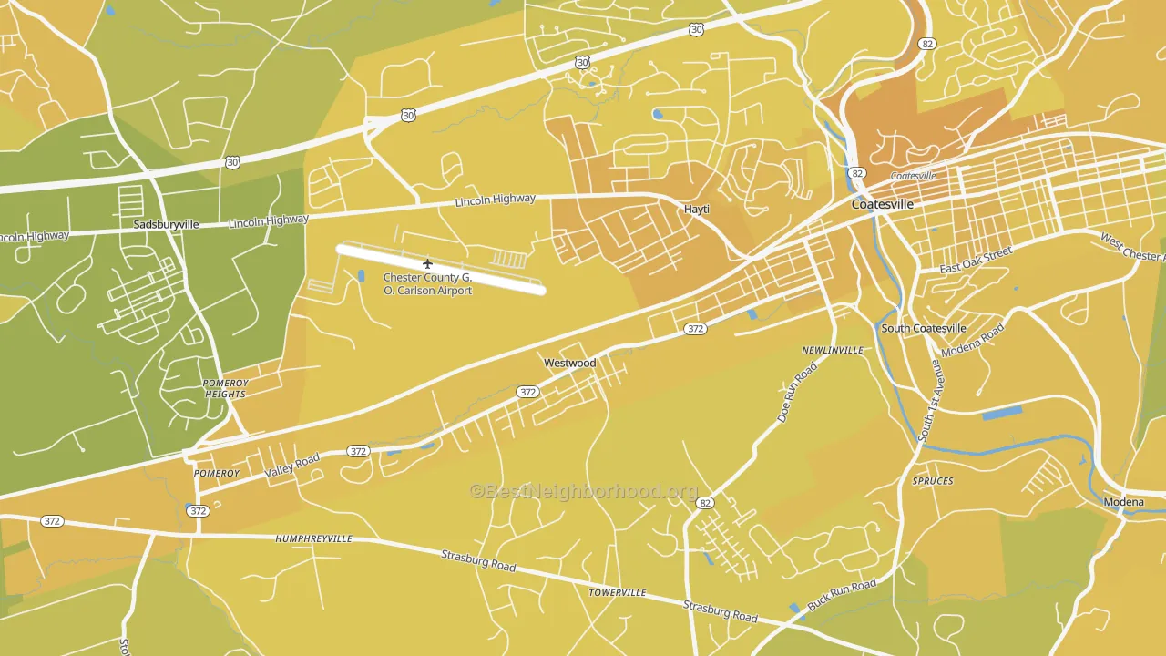 Map of the best neighborhoods in the Westwood area, with better matches in green and worse matches in red