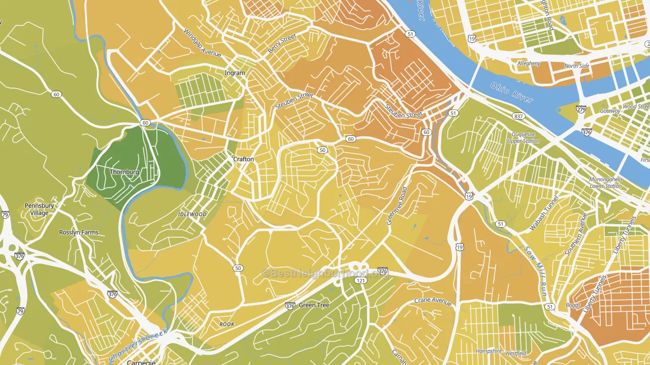 Map of the best neighborhoods in the Westwood, Pittsburgh area, with better matches in green and worse matches in red