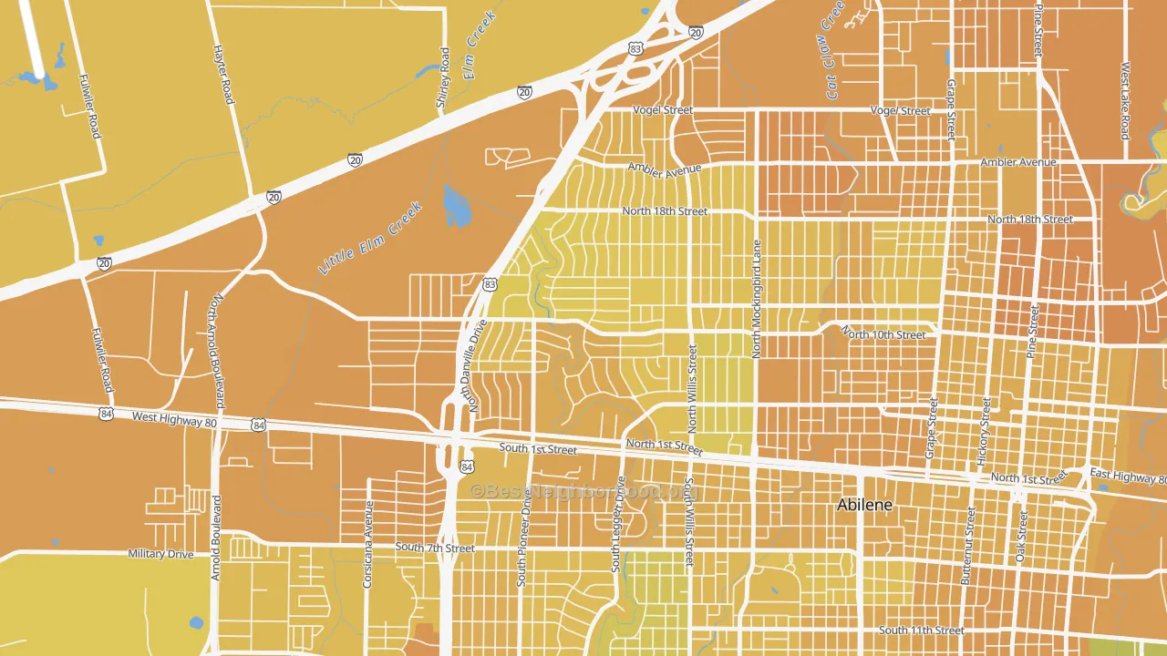 Map of the best neighborhoods in the Westwood Richland, Abilene area, with better matches in green and worse matches in red
