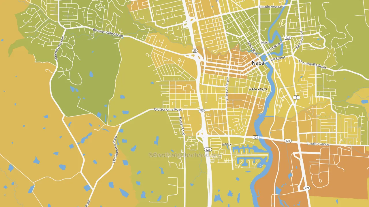 Map of the best neighborhoods in the Westwood-San Francisco, Napa area, with better matches in green and worse matches in red