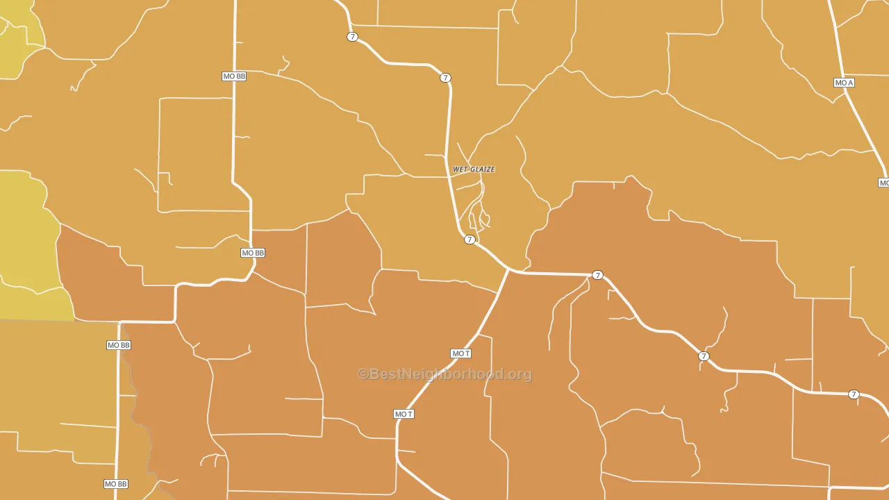 Map of the best neighborhoods in the Wet Glaize area, with better matches in green and worse matches in red