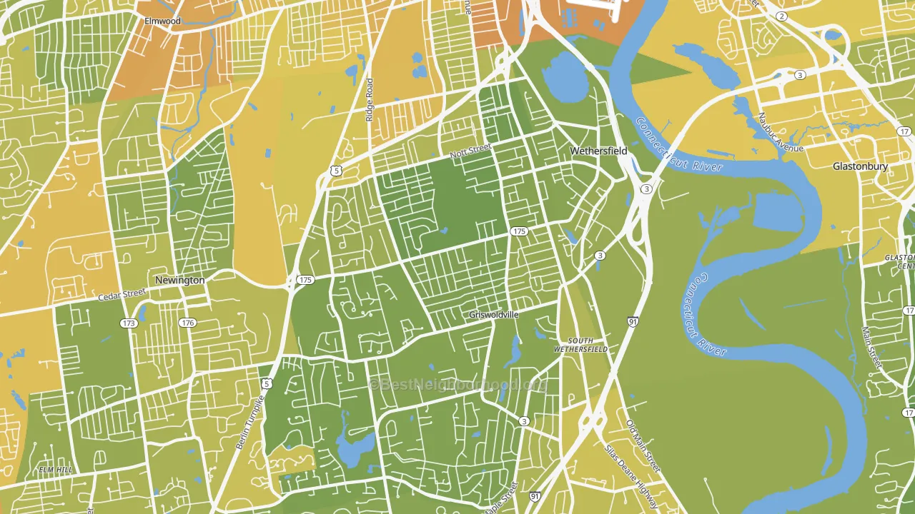 Map of the best neighborhoods in the Wethersfield area, with better matches in green and worse matches in red