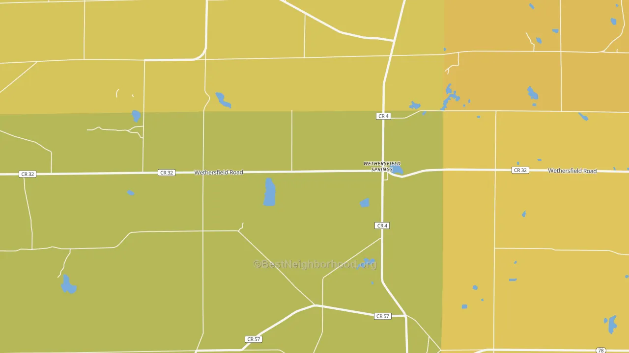 Map of the best neighborhoods in the Wethersfield Springs area, with better matches in green and worse matches in red