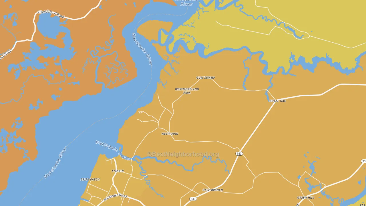 Map of the best neighborhoods in the Wetipquin area, with better matches in green and worse matches in red