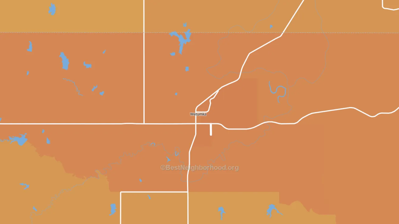 Map of the best neighborhoods in the Wetumka area, with better matches in green and worse matches in red