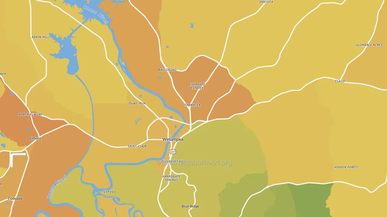Map of the best neighborhoods in the Wetumpka area, with better matches in green and worse matches in red