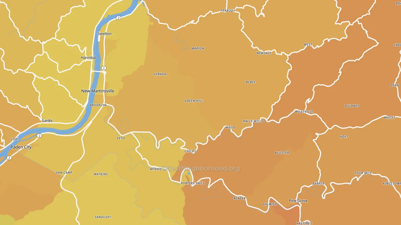 Map of the best neighborhoods in the Wetzel County area, with better matches in green and worse matches in red