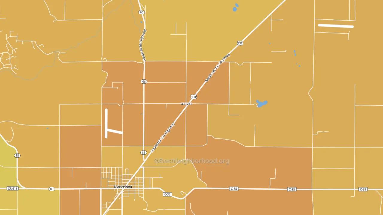Map of the best neighborhoods in the Wetzel area, with better matches in green and worse matches in red