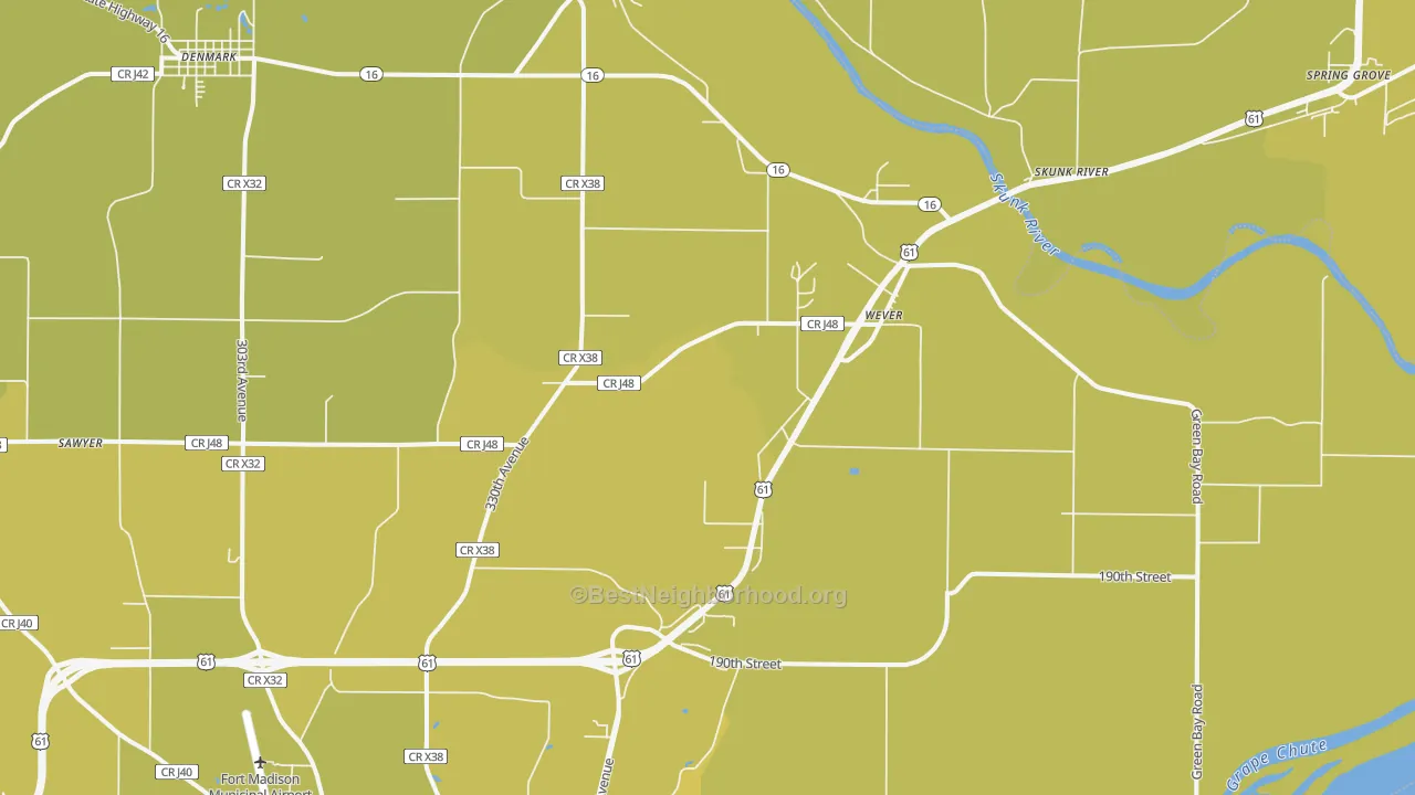 Map of the best neighborhoods in the Wever area, with better matches in green and worse matches in red