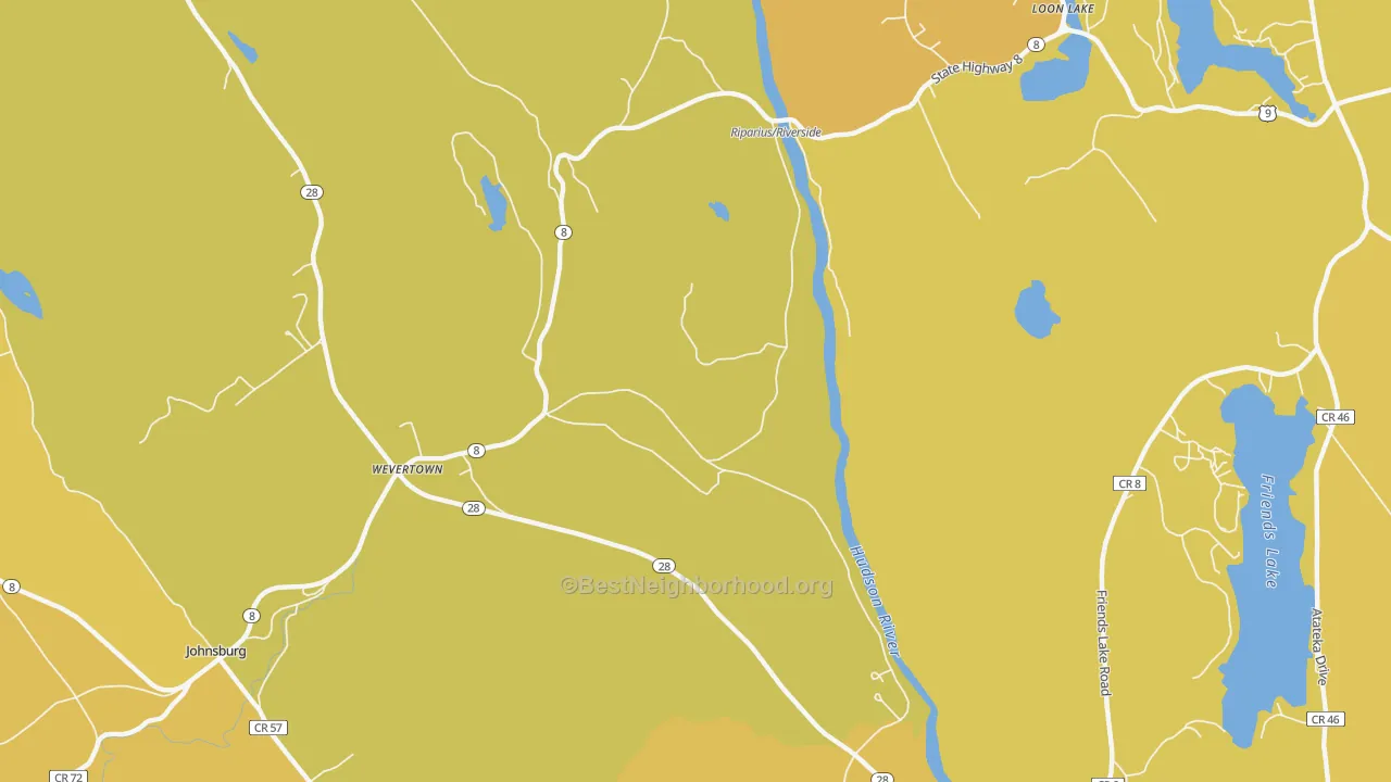 Map of the best neighborhoods in the Wevertown area, with better matches in green and worse matches in red