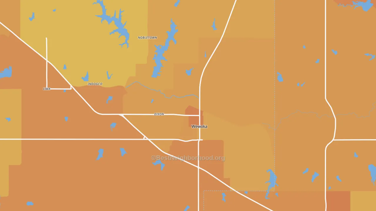 Map of the best neighborhoods in the Wewoka area, with better matches in green and worse matches in red