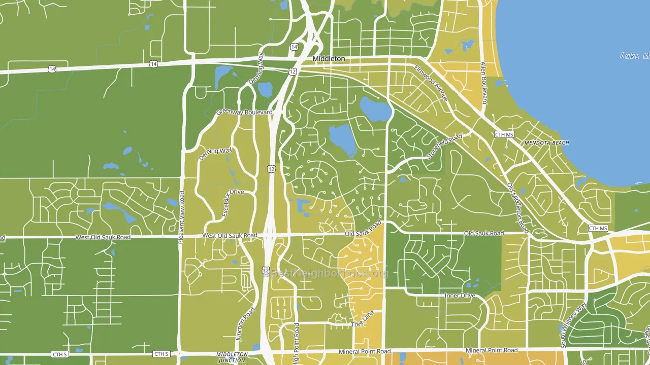 Map of the best neighborhoods in the Wexford, Madison area, with better matches in green and worse matches in red