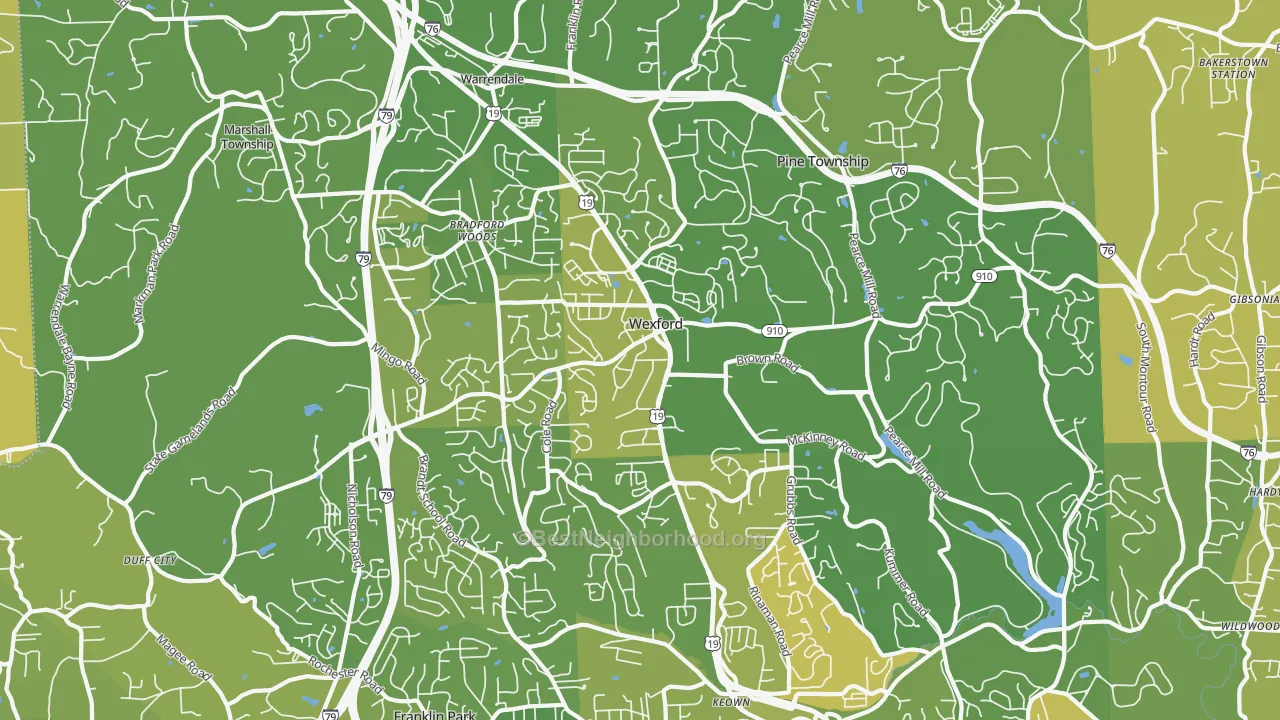 Map of the best neighborhoods in the Wexford area, with better matches in green and worse matches in red