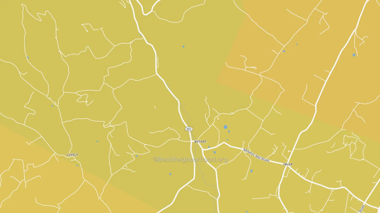 Map of the best neighborhoods in the Weyant area, with better matches in green and worse matches in red