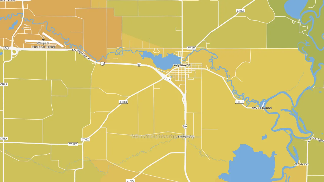 Map of the best neighborhoods in the Weyauwega area, with better matches in green and worse matches in red