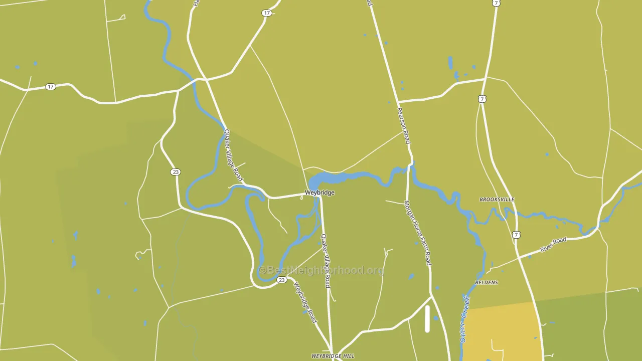 Map of the best neighborhoods in the Weybridge area, with better matches in green and worse matches in red