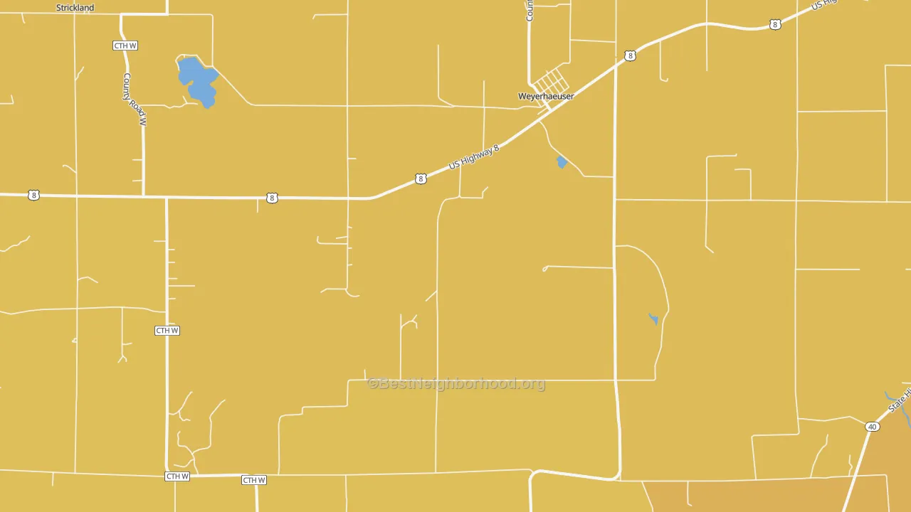 Map of the best neighborhoods in the Weyerhaeuser area, with better matches in green and worse matches in red