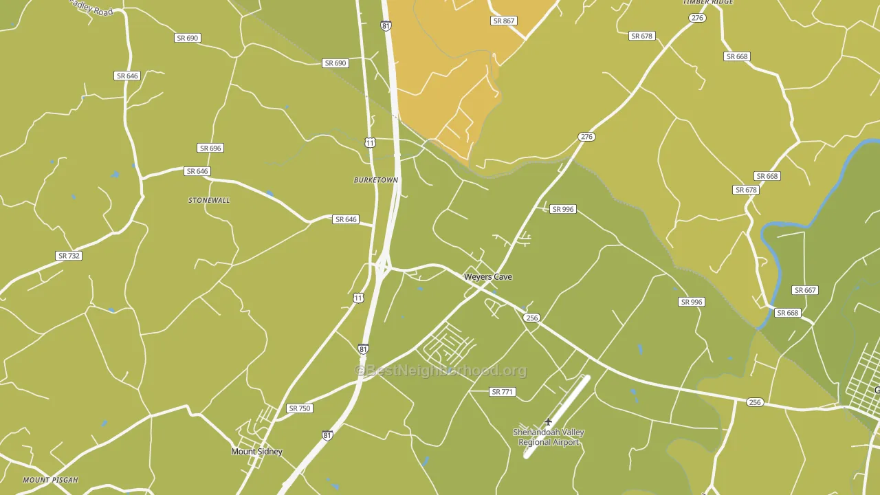 Map of the best neighborhoods in the Weyers Cave area, with better matches in green and worse matches in red