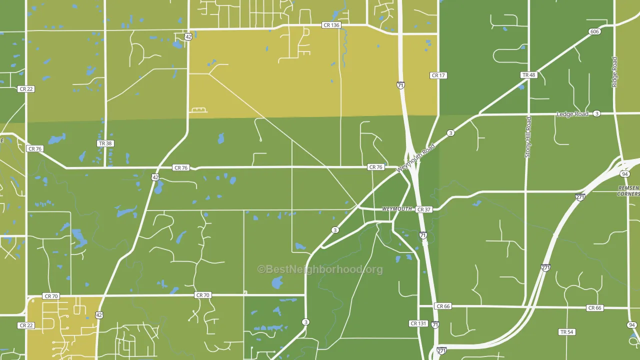 Map of the best neighborhoods in the Weymouth area, with better matches in green and worse matches in red