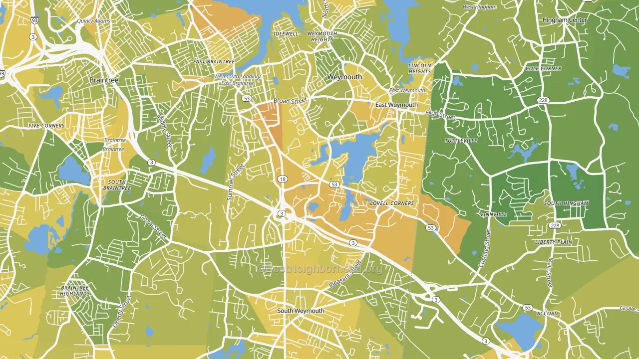 Map of the best neighborhoods in the Weymouth Town area, with better matches in green and worse matches in red