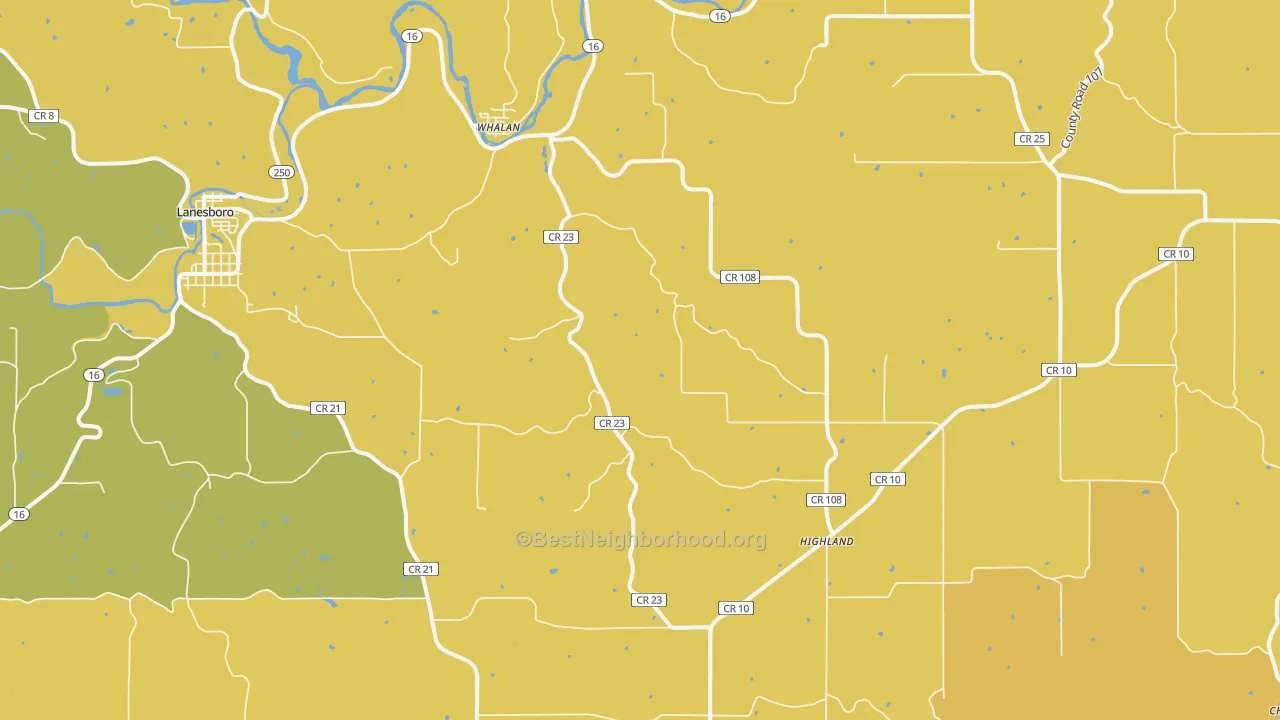 Map of the best neighborhoods in the Whalan area, with better matches in green and worse matches in red