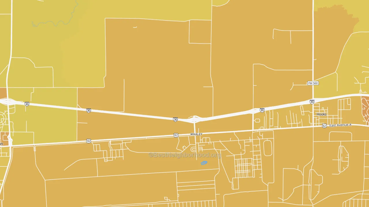 Map of the best neighborhoods in the Whaley area, with better matches in green and worse matches in red