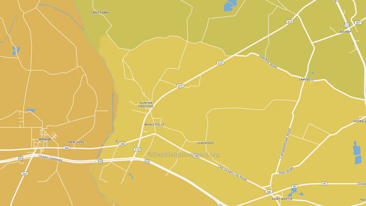 Map of the best neighborhoods in the Whaleyville area, with better matches in green and worse matches in red