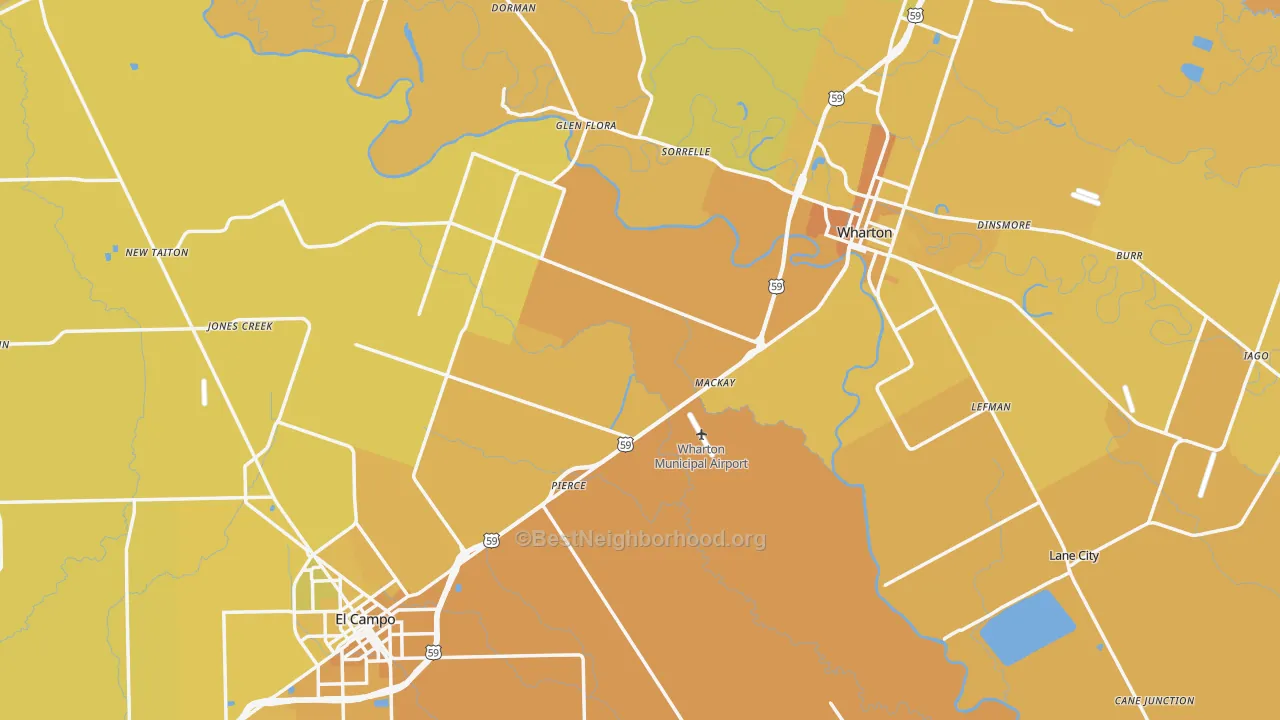 Map of the best neighborhoods in the Wharton County area, with better matches in green and worse matches in red