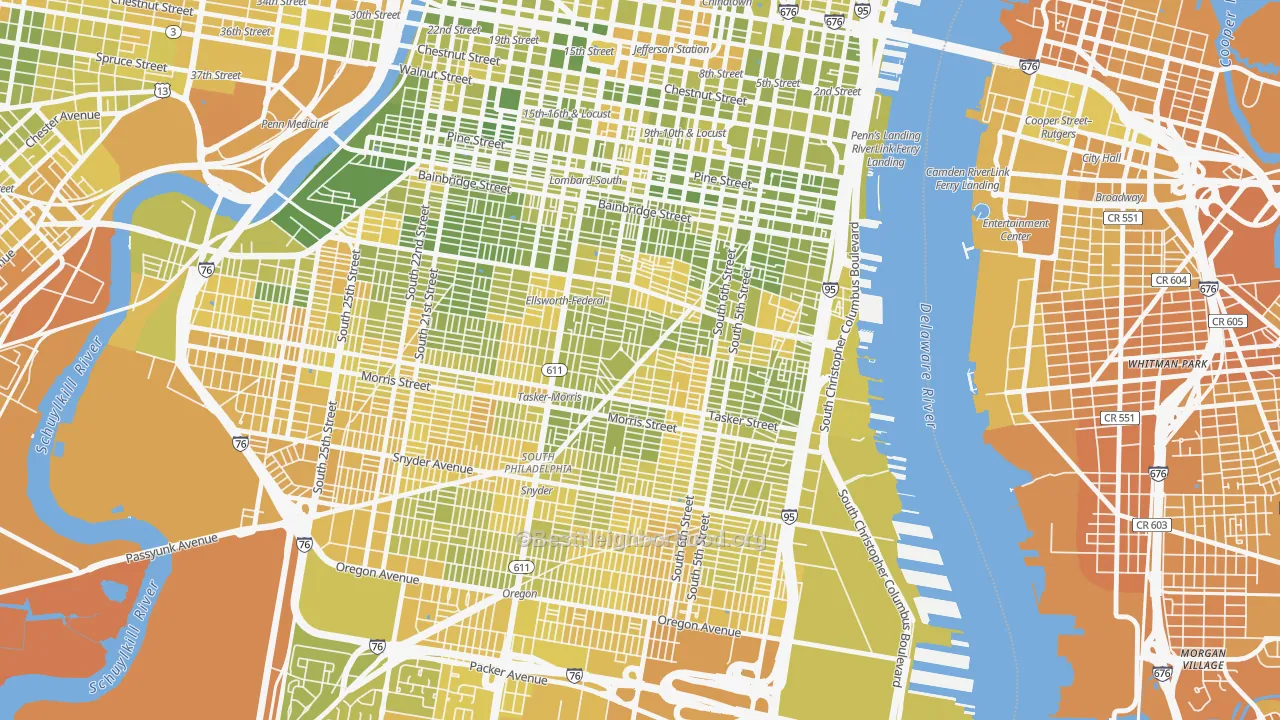 Map of the best neighborhoods in the Wharton-Hawthorne-Bella Vista, Philadelphia area, with better matches in green and worse matches in red