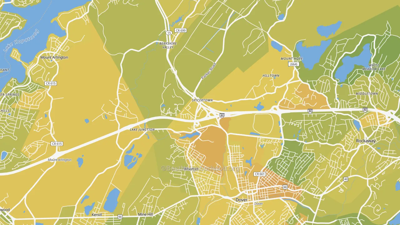 Map of the best neighborhoods in the Wharton area, with better matches in green and worse matches in red
