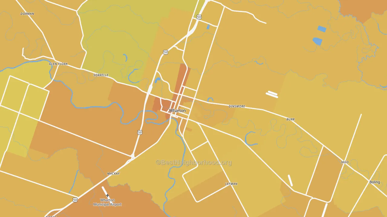 Map of the best neighborhoods in the Wharton area, with better matches in green and worse matches in red