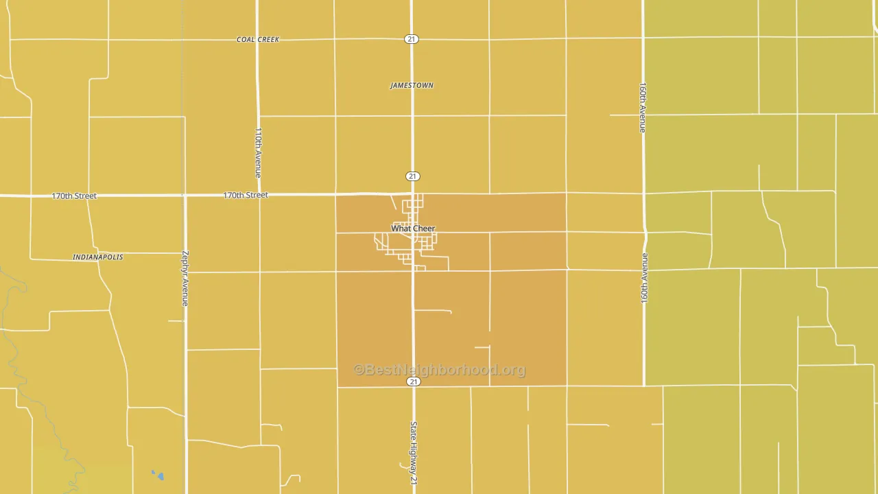 Map of the best neighborhoods in the What Cheer area, with better matches in green and worse matches in red