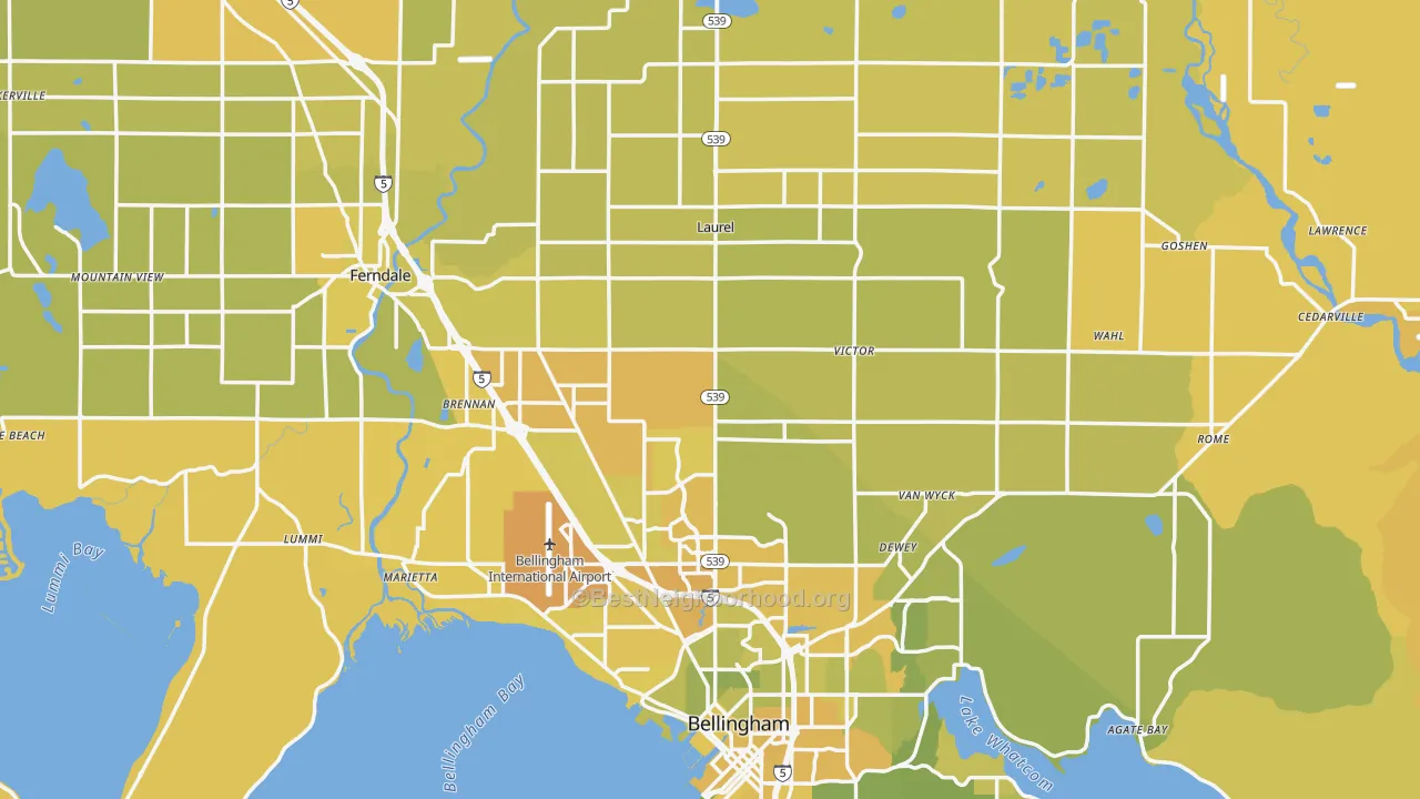 Map of the best neighborhoods in the Whatcom County area, with better matches in green and worse matches in red