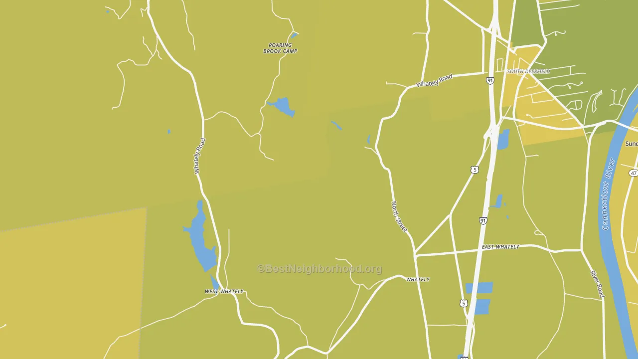 Map of the best neighborhoods in the Whately area, with better matches in green and worse matches in red