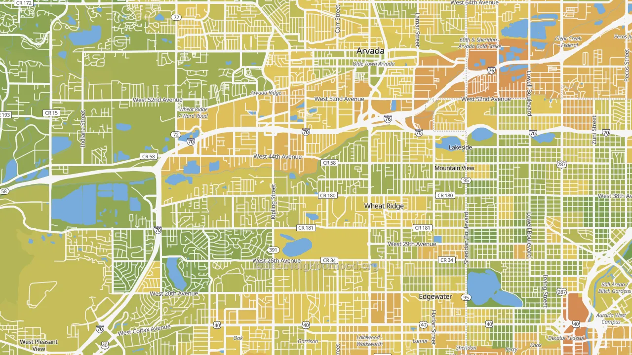 Map of the best neighborhoods in the Wheat Ridge area, with better matches in green and worse matches in red