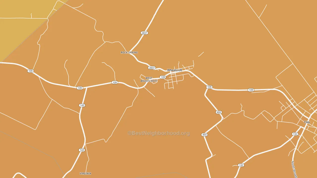 Map of the best neighborhoods in the Wheatcroft area, with better matches in green and worse matches in red